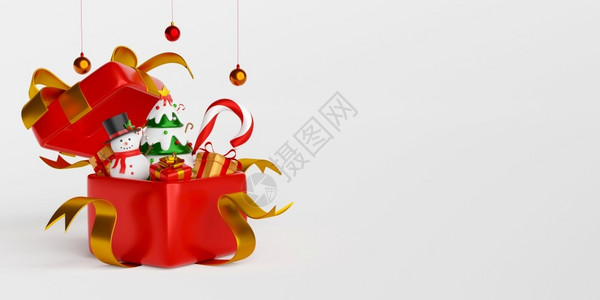 宣传册圣诞横旗明信片3D插图雪人和圣诞树在礼品盒中的圣诞树庆典海报图片