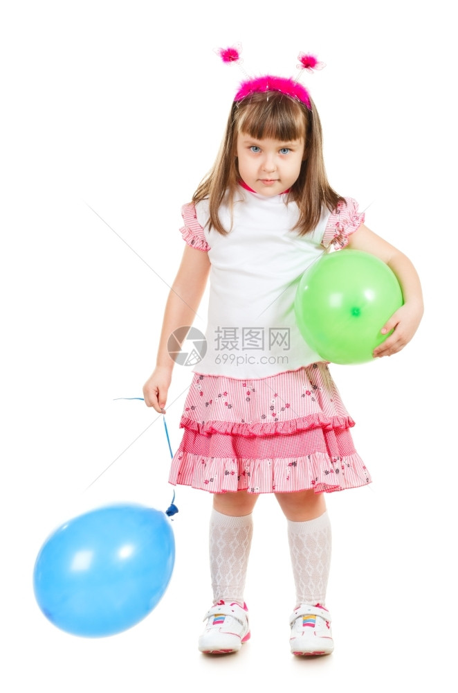 想知道带着气球的搞笑小女孩孤立在白色上粉的爱图片