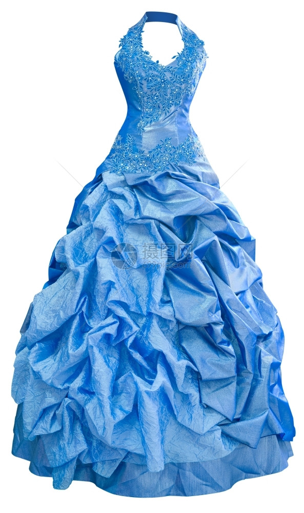 贴花缎女士们蓝色的西边晚礼服穿着一条卷起的裙子剪短路衣领图片