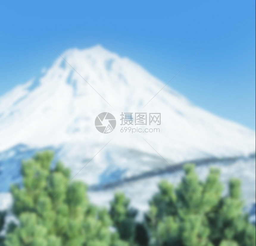 绿雪松枝对火山和蓝天的模糊视图绿雪松枝对火山和蓝天的模糊视图色俄语景观图片