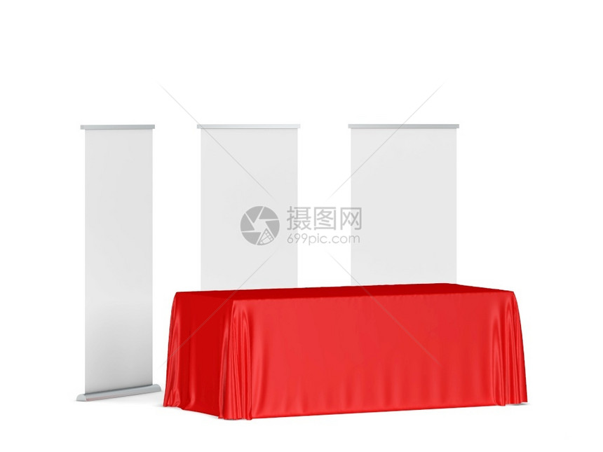 赛跑者空的白色背景上孤立的三张插图纸旁挂着滚动横幅的空白交易桌布商业的图片