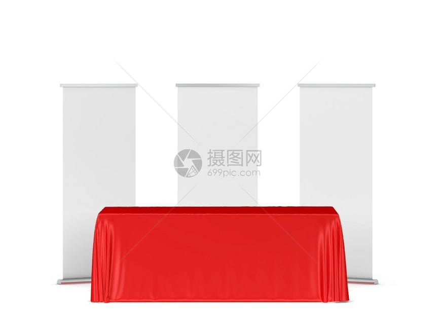 桌子空的白色背景上孤立的三张插图纸旁挂着滚动横幅的空白交易桌布扔图片