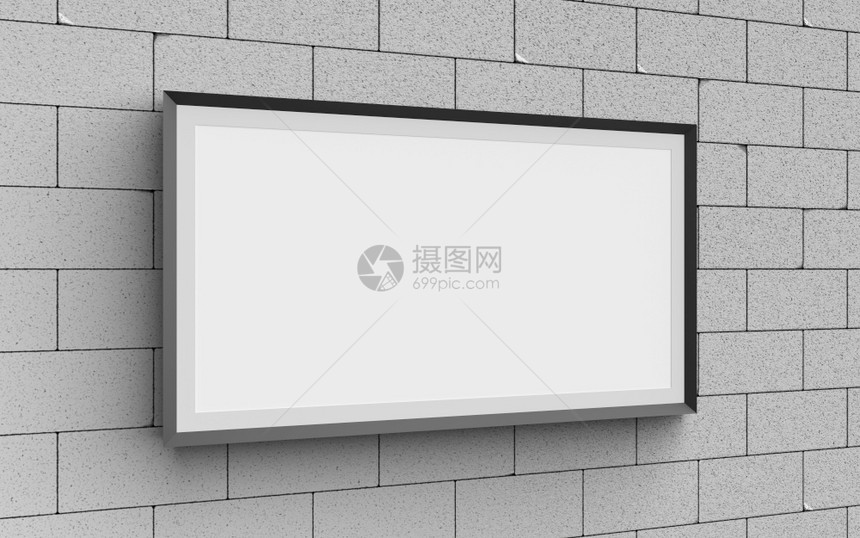 具体的木制在混凝土墙壁上模拟供广告使用的空白照片框3D插图家图片