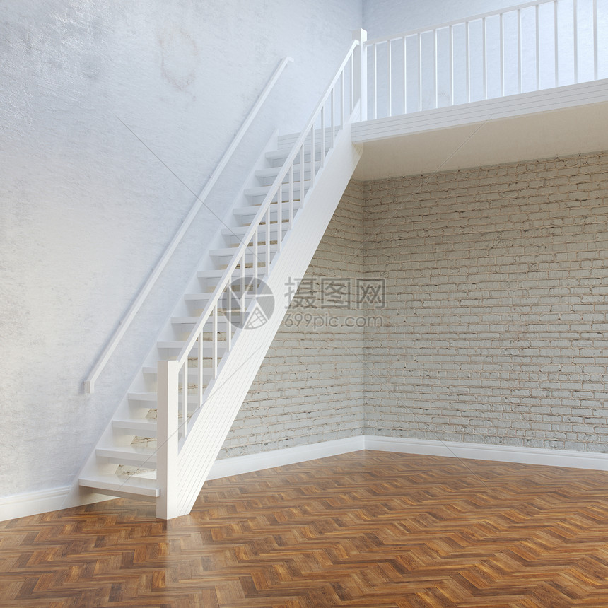白色的砖内墙与楼梯到二层压板水平的图片