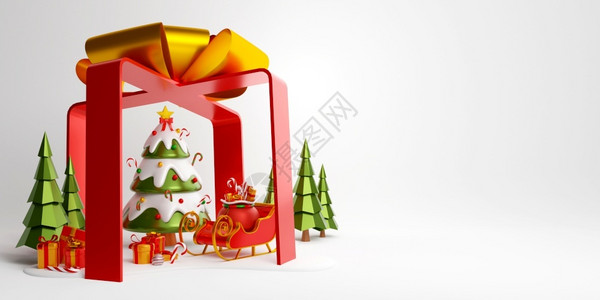 冬天丸之内市横幅冬天圣诞树雪橇和礼物盒的圣诞旗帜在大礼品箱内3D插图形象的设计图片