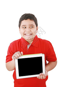 男人生读一个可爱的小孩带着他新数字平板电脑快乐的肖像图片