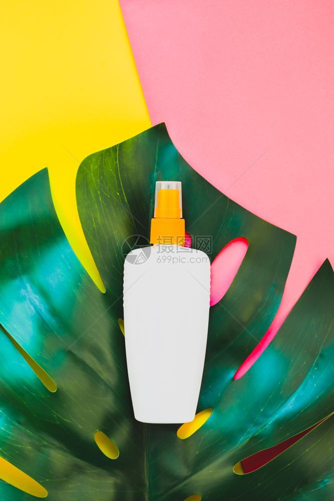 时尚绿色热带雨林棕榈树花叶和日光黑幕空白瓶装模型介绍明黄色和粉红杜奥托文纸背景的亮黄色和粉红DUOTOON纸粉色的图片