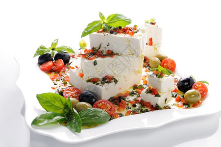 晚餐罗勒和橄榄樱桃番茄的羊乳酪片爽朗早午餐图片