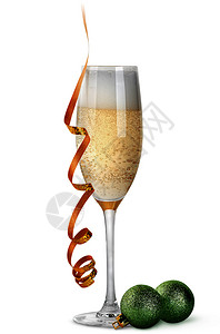香槟和圣诞舞会杯子白底孤立于黄色的气泡液体图片