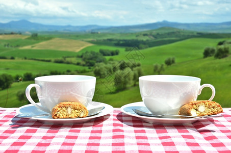 比斯科蒂与意大利Toscan风景对抗的桌上咖啡和罐头菜杯子面包季节背景