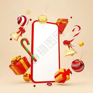 圣诞老人冬天带有圣诞装饰品的智能手机圣诞节主题3d插图松树图片