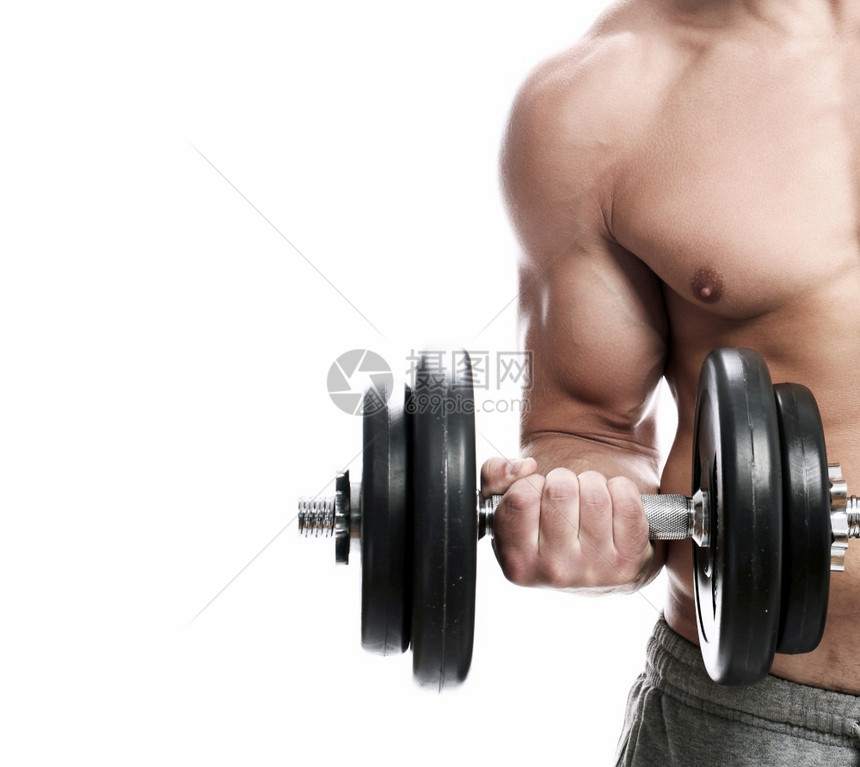 健壮运动体质有哑铃的帅哥手臂健身房图片