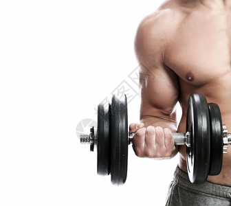 健壮运动体质有哑铃的帅哥手臂健身房图片