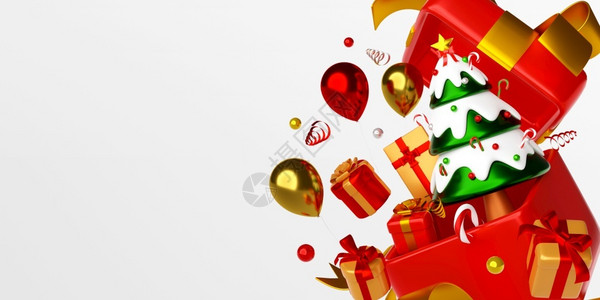圣诞节礼物盒和圣诞装饰传单最小的圣诞树旗帜和装饰品都来自礼物盒3D插图季节设计图片