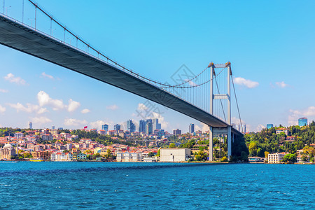 伊斯坦布尔博普鲁海峡大桥底视图伊斯坦布尔博普鲁海峡大桥底视图水现代的城市背景图片