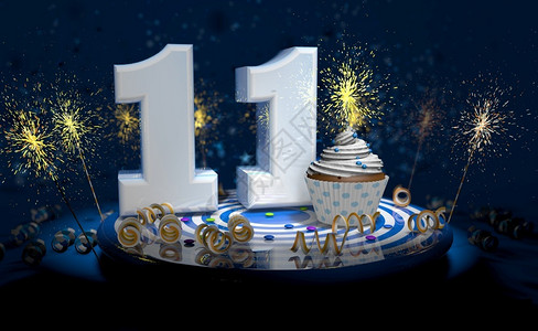 11周年店庆星卡片1岁生日或周年纪念带有闪亮蜡烛的杯饼大数量用白纸条蓝色桌上有黄流体黑背景满火花的彩色桌脸3个插图显示第1个生日和周年蛋糕大设计图片