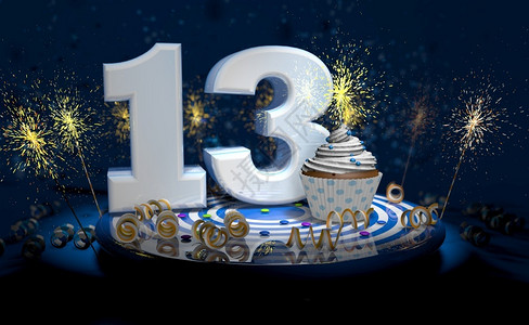 13至14岁纸杯蛋糕带有闪亮蜡烛的13岁生日或周年纪念蛋糕白色大号蓝桌子上有黄彩带深背景充满火花3d插图岁生日或周年纪念蛋糕深色背景充满火花设计图片