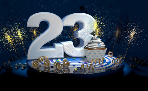 蛋糕数字2满的飘带庆典23岁生日或周年纪念带有闪亮蜡烛的杯饼大数量用白纸条蓝色桌上有黄流体黑背景满火花的彩蛋3D插图2生日或周年蛋糕大数字背景