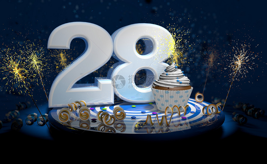 明亮的火焰带有闪蜡烛的28岁生日或周年纪念纸杯蛋糕白色大号蓝桌子上有黄彩带深背景充满火花3d插图岁生日或周年纪念蛋糕深色背景充满图片