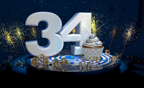 20至34岁蓝色的34岁生日或周年纪念蛋糕带有闪亮的蜡烛白色大号蓝桌子上有黄深背景充满火花3d插图4岁生日或周年纪念蛋糕深色背景充满火花设计图片