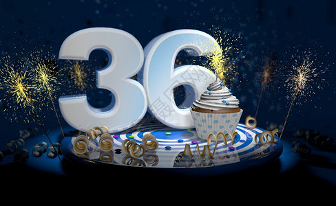 6寸蛋糕夜晚蜡烛甜的36岁生日或周年纪念蛋糕白色大号蓝桌子上有黄彩带深背景充满火花3d插图6岁生日或周年纪念蛋糕深色背景充满火花3d插图设计图片
