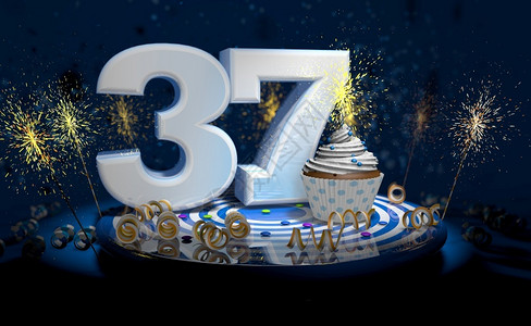 甜的庆典黑暗37岁生日或周年纪念带有闪亮蜡烛的杯饼37岁生日或纪念有大数量白纸条蓝色桌上有黄流体黑色桌面上满是火花3D插图7岁生背景图片