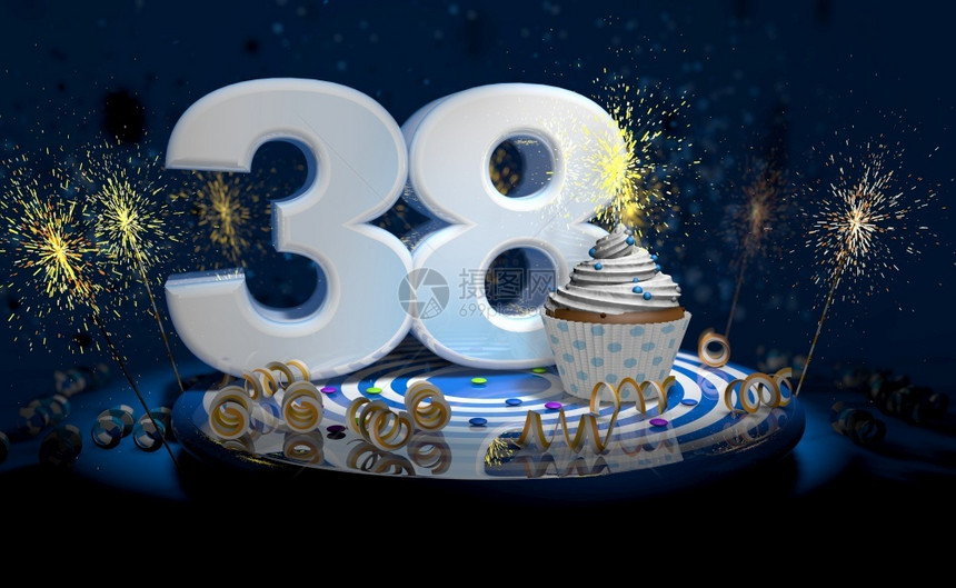 装饰日历新38岁生日或周年纪念用闪发光的蜡烛蛋糕白色大号蓝桌子上有黄彩带深背景充满火花3d插图8岁生日或周年纪念蛋糕深色背景充满图片