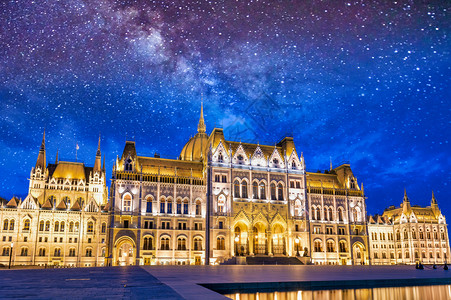 旅游超过天际线令人惊叹的匈牙利议会夜景在布达佩斯市内星夜观匈牙利国会图片