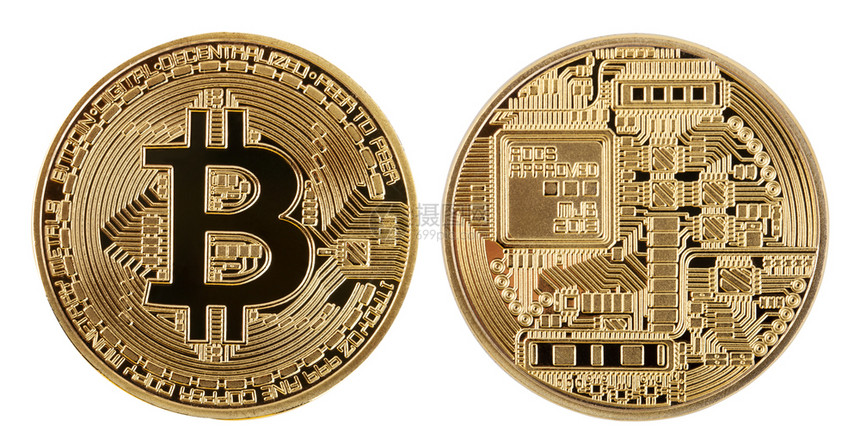 加密货币黄金比特的正面和背隔离在白色景上虚拟国际货币和互联网业务的概念加密货币黄金比特的正面和背硬币区块链支付图片