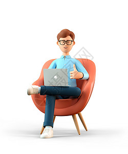 座位牌卡通片3D插图微笑的男子坐在扶椅上手持笔记本电脑展示手势冷酷举起拇指牌的卡通商人在办公室工作使用社交网络孤立在白色上特点互联网设计图片