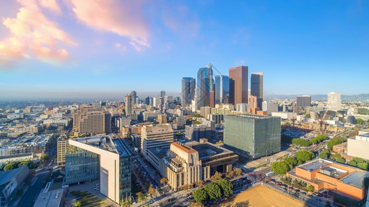 城市的目地美国加利福尼亚州洛杉矶市中心天际的美丽日落都会图片