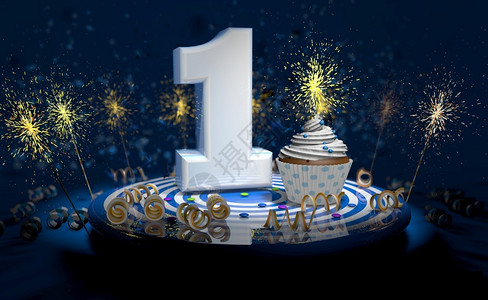 第500名蛇纹石黑暗的白色带有闪亮蜡烛1岁生日或周年纪念蛋糕白色大号蓝桌子上有黄深背景充满火花3d插图岁生日或周年纪念蛋糕深色背景充满设计图片