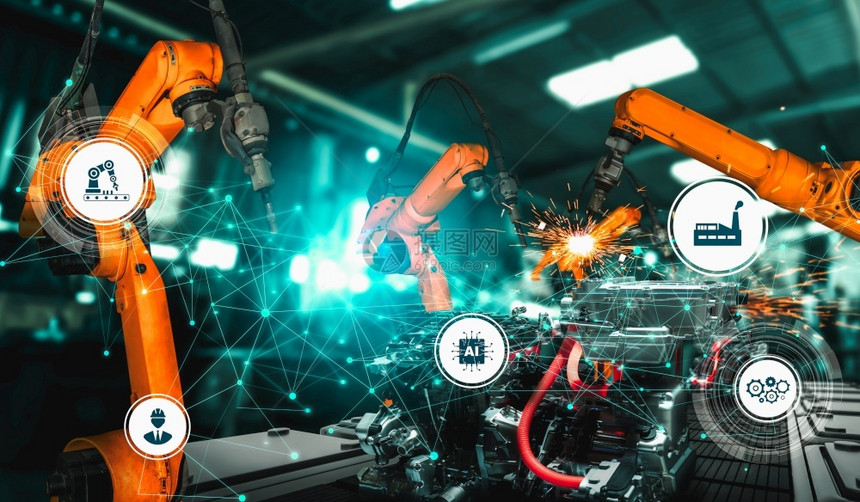 用于工厂生产线装配的机械化工业臂用于工业革命和自动化制造过程的人工智能概念用于工厂生产线装配的机械化工业臂艾焊接器人图片