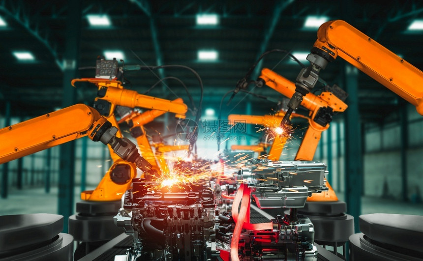 工业的作用于厂生产线装配的机械化工业臂用于工业革命和自动化制造过程的人工智能概念用于工厂生产线装配的机械化工业臂自动的图片
