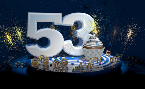 纸杯蛋糕和闪亮蜡烛在53岁生日或周年纪念使用大数量是白色的大数量是黄色的流体在蓝桌上黑背景满了火花的彩色背景三幅图示53岁生日或设计图片