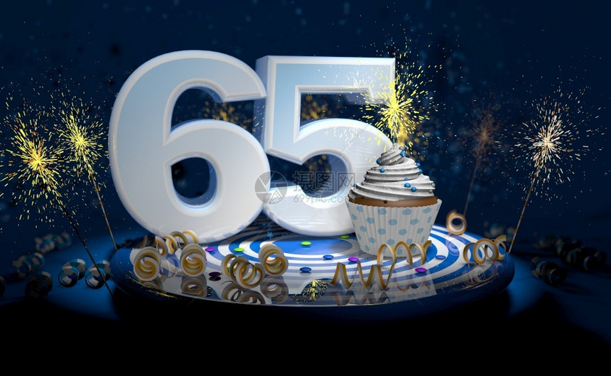 星65岁生日或周年纪念用闪亮蜡烛的纸杯蛋糕白色大号蓝桌子上有黄彩带深背景充满火花3d插图65岁生日或周年纪念蛋糕深色背景充满火花图片
