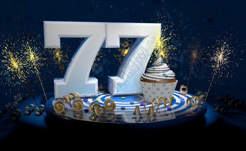 7周年庆素材白色的新七十岁生日或周年纪念带有闪亮蜡烛的杯饼大数量用白纸条蓝色桌子上有黄流体黑色背景满火花的黑色背景3D插图7岁生日或周年蛋糕背景