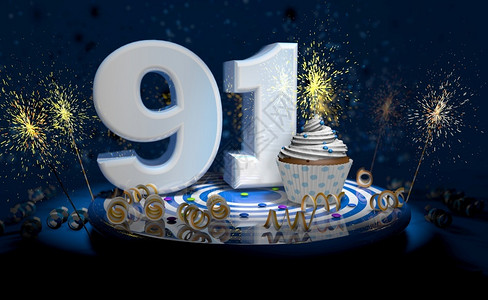 蛋糕插牌甜点庆祝91岁生日或周年纪念纸杯蛋糕白色大号蓝桌子上有黄彩带深背景充满火花3d插图91岁生日或周年纪念蛋糕深色背景充满火花3d插设计图片