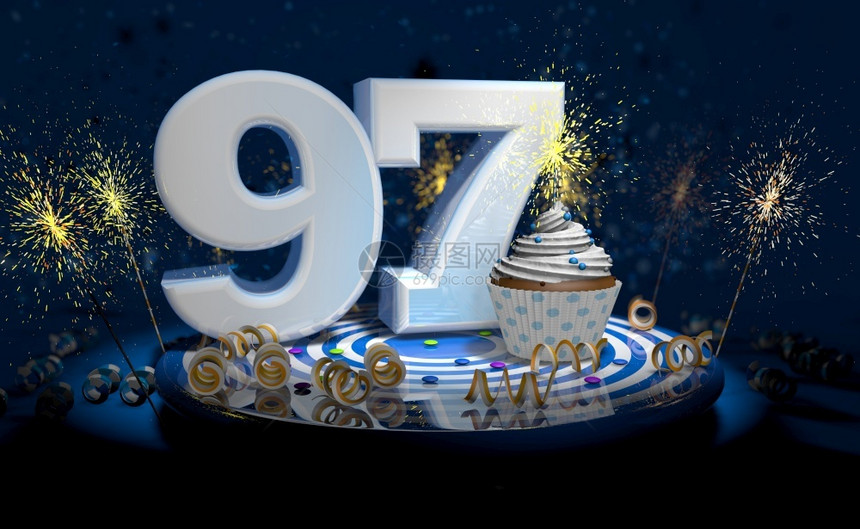 闪亮的糖果食物97岁生日或周年纪念纸杯蛋糕白色大号蓝桌子上有黄彩带深背景充满火花3d插图97岁生日或周年纪念蛋糕深色背景充满火花图片