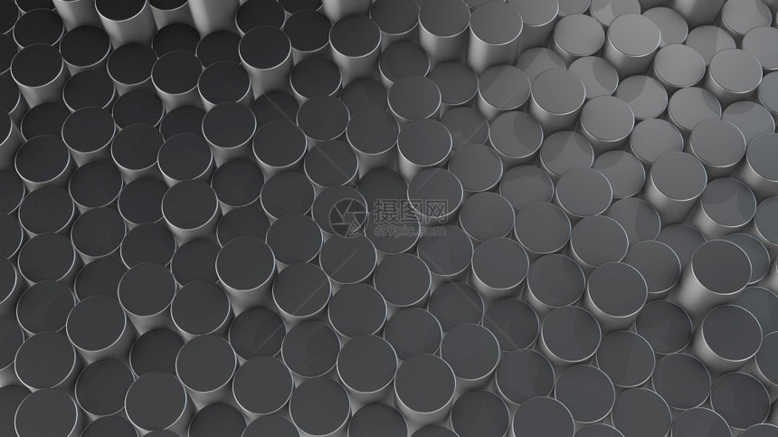灰色的3D虚拟空间中抽象圆柱形几何铝表面的三维翻接随机定位几何形状由气瓶制成的亮光和美丽背景形象建筑学图片