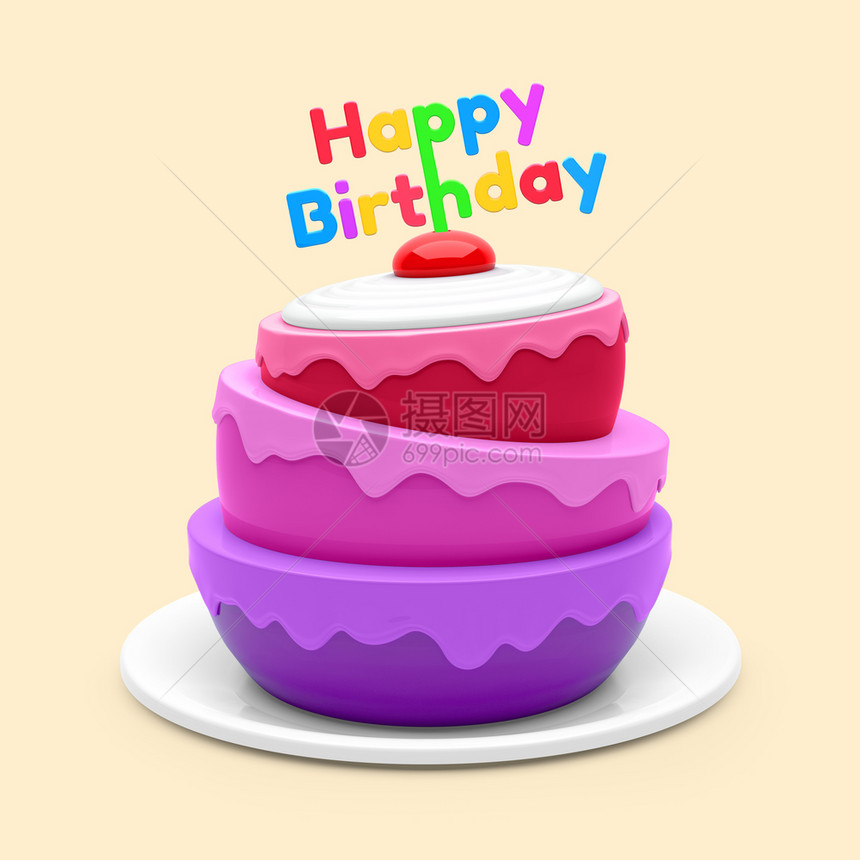 生日蛋糕在橙色背景上孤立的生日蛋糕3D插图生日蛋糕红色的乐趣樱桃图片