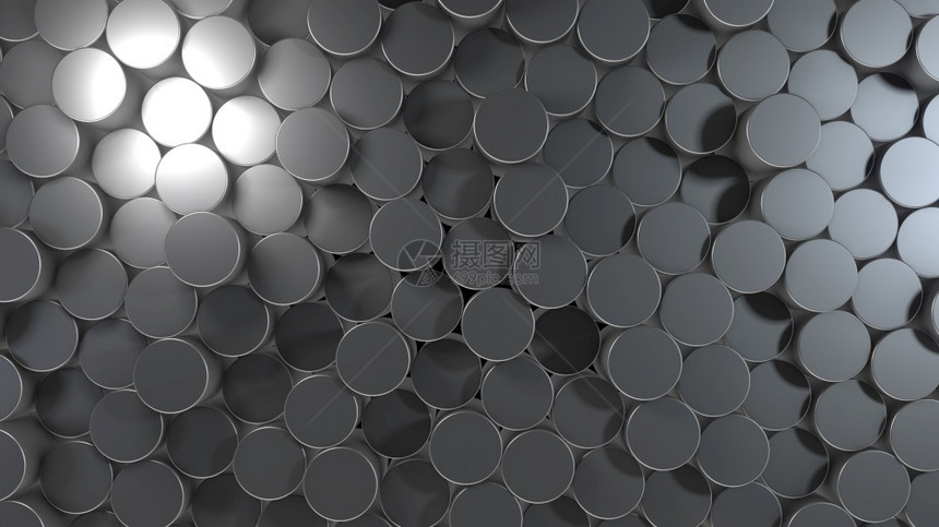 3D虚拟空间中抽象圆柱形几何金属表面的三维翻接随机定位几何形状由气瓶制成的亮光和美丽背景刻面圆圈渲染图片