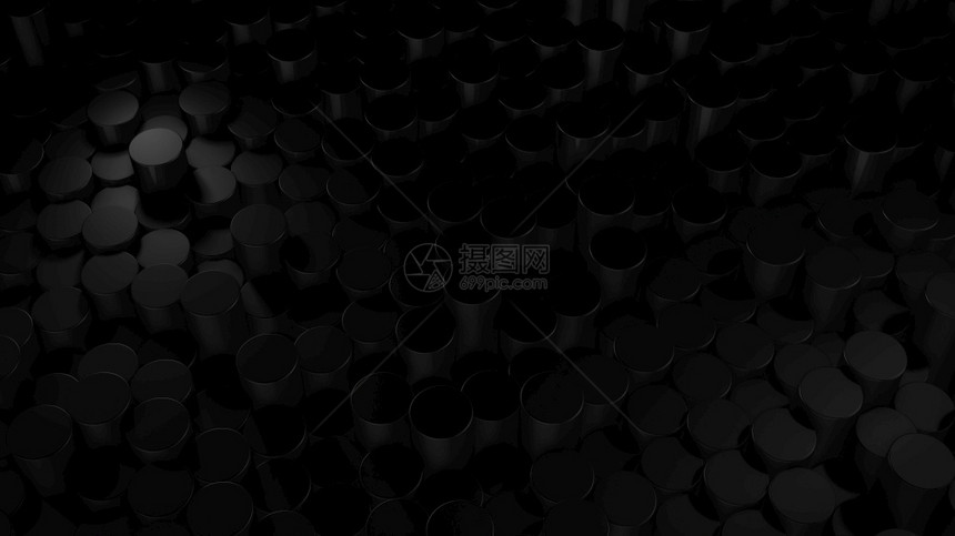 形象的结构体3D虚拟空间中抽象圆柱形几何黑色表面的三维翻接随机定位几何形状由圆柱体制成的明亮和美丽背景网格图片
