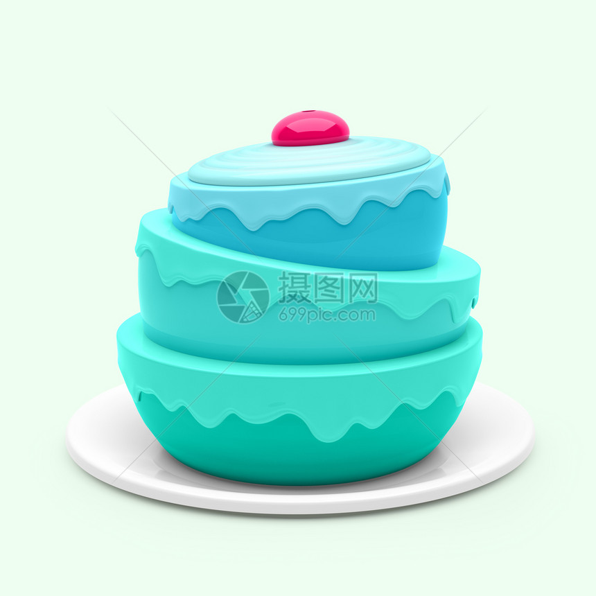 问候甜点生日蛋糕在蓝底3D插图D上孤立的生日蛋糕白色的图片