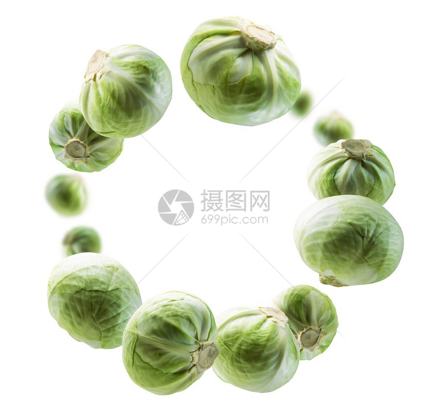 新鲜的绿色卷心菜漂浮在白色背景上绿卷心菜漂浮在白色背景上素食主义者圆圈图片