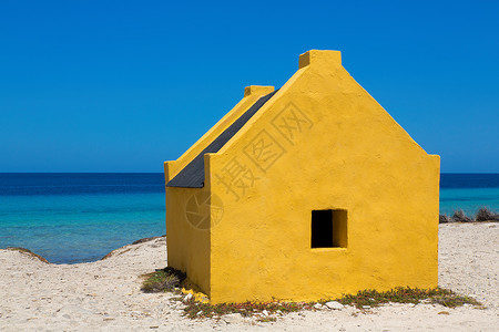 蓝色小屋庇护所单身的建造博内尔海滩上一座黄色奴隶屋背景