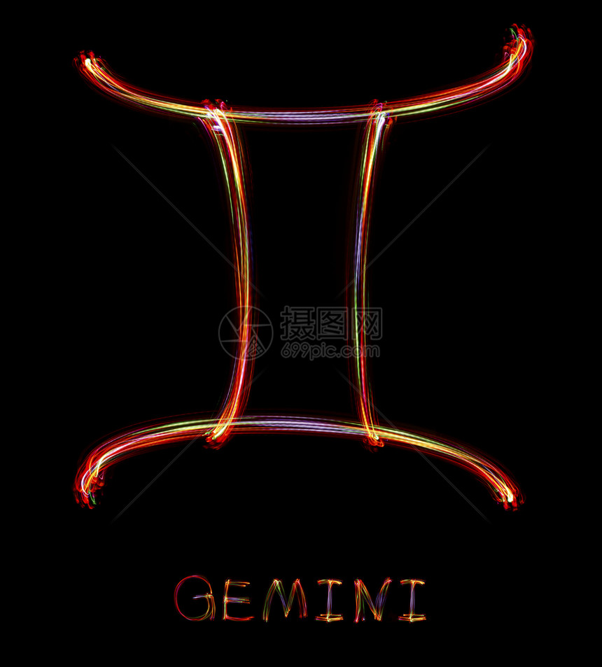 日历双子座黑背景的光下Zodiac标志插图丰富多彩的图片