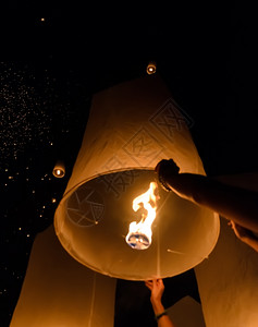 火艳兰水灯蜡烛在泰国清迈举行的Lanna佛教传统仪式漂浮灯或Yeepeng仪式年度的背景