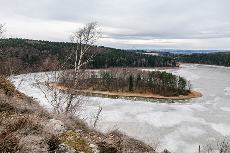带树木的冰冻湖和岛屿SecDam捷克欧洲冬季风景十二月戏剧场景图片