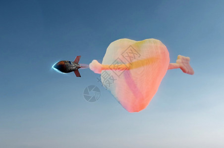 情人节天空渲染红心制造的理念概以火箭烟雾形式呈现的丘比特心箭图片
